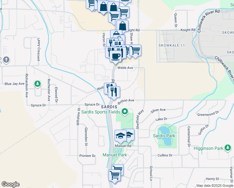 map of restaurants, bars, coffee shops, grocery stores, and more near 7134 Vedder Road in Chilliwack