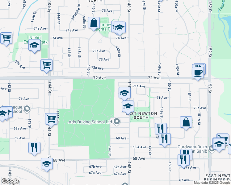 map of restaurants, bars, coffee shops, grocery stores, and more near 7113 147 Street in Surrey
