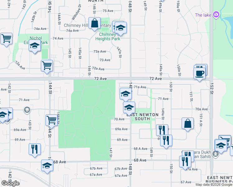map of restaurants, bars, coffee shops, grocery stores, and more near 7113 147 Street in Surrey