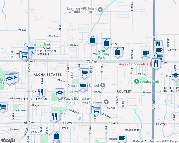 map of restaurants, bars, coffee shops, grocery stores, and more near 7129 196 Street in Surrey