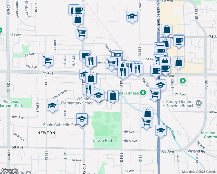 map of restaurants, bars, coffee shops, grocery stores, and more near 7131 133A Street in Surrey