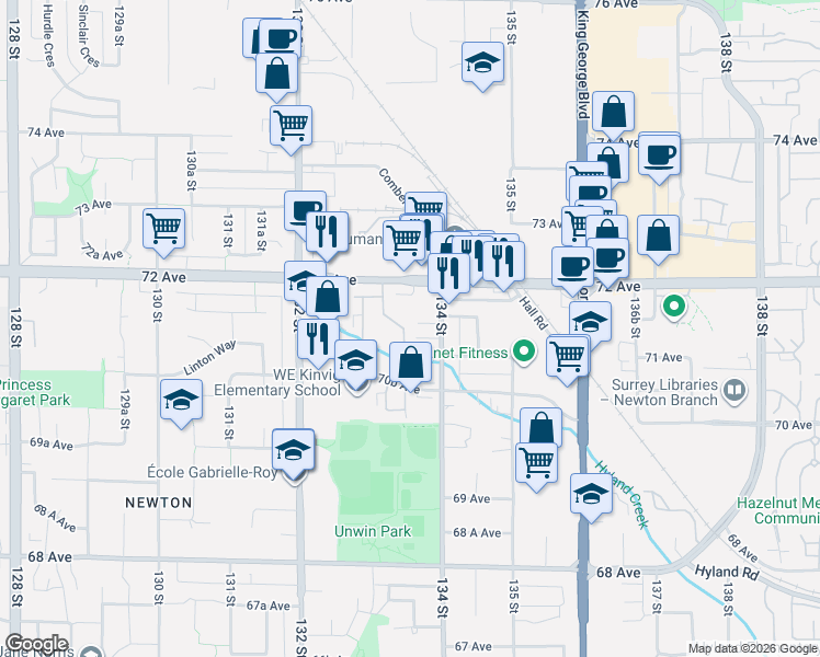 map of restaurants, bars, coffee shops, grocery stores, and more near 7144 133B Street in Surrey