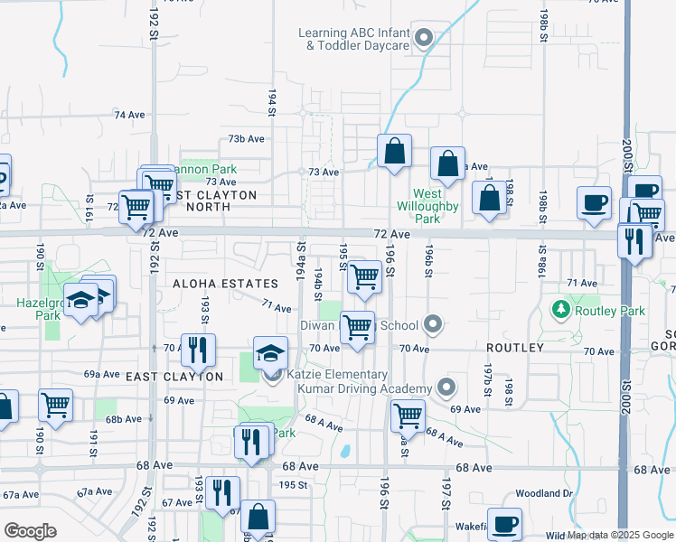 map of restaurants, bars, coffee shops, grocery stores, and more near 7129 195 Street in Surrey