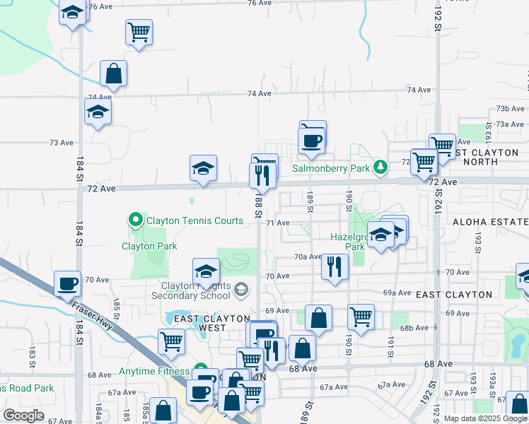 map of restaurants, bars, coffee shops, grocery stores, and more near 18819 71 Avenue in Surrey
