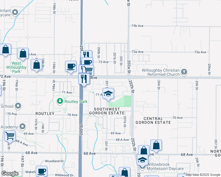 map of restaurants, bars, coffee shops, grocery stores, and more near 20118 71A Avenue in Langley