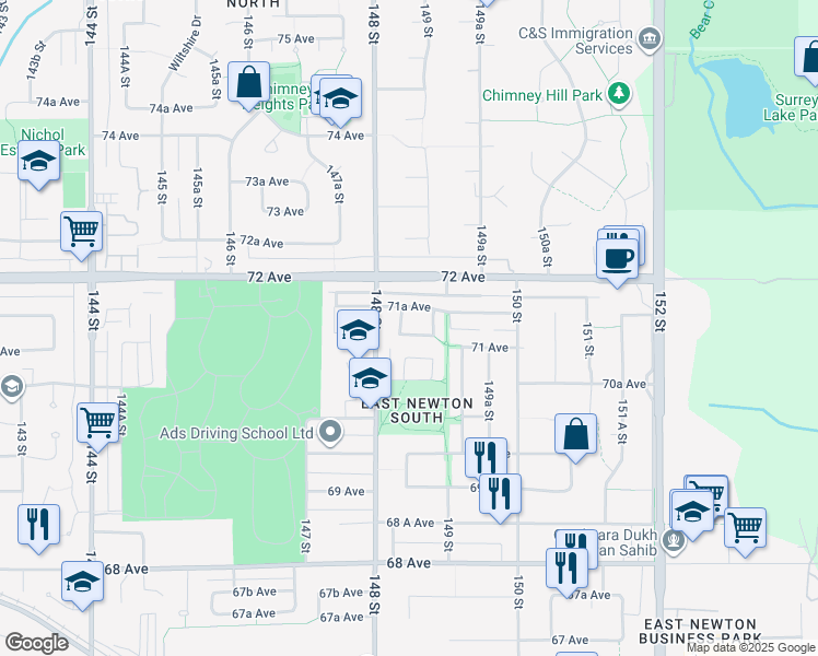 map of restaurants, bars, coffee shops, grocery stores, and more near 14855 71 Avenue in Surrey