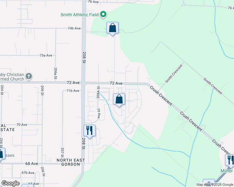 map of restaurants, bars, coffee shops, grocery stores, and more near 7158 209 Street in Langley City