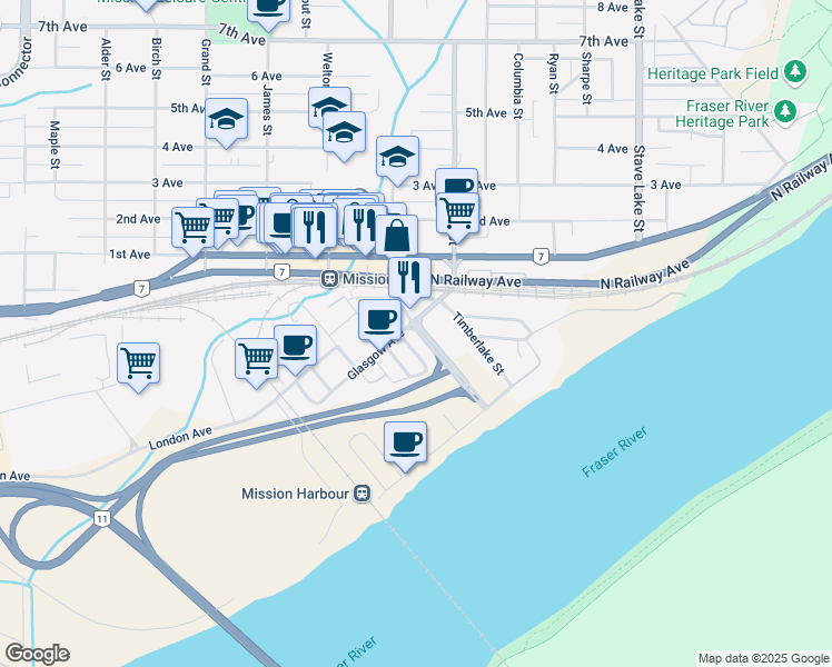 map of restaurants, bars, coffee shops, grocery stores, and more near 7197 Horne Street in Mission