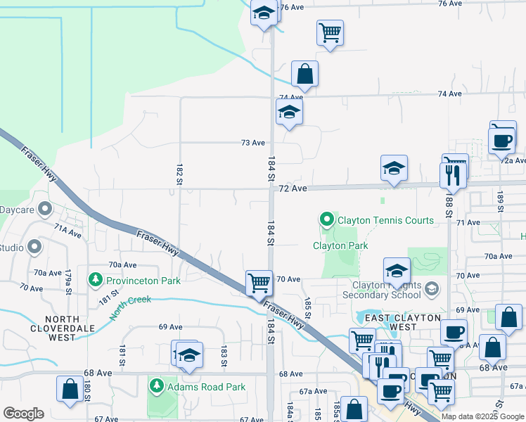 map of restaurants, bars, coffee shops, grocery stores, and more near 7175 184 Street in Surrey