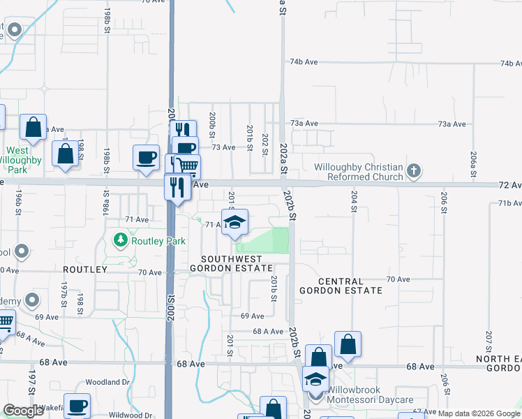 map of restaurants, bars, coffee shops, grocery stores, and more near 20164 71A Avenue in Langley