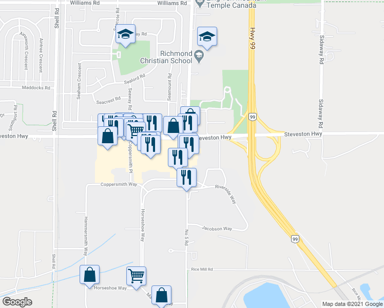 map of restaurants, bars, coffee shops, grocery stores, and more near 113 Number 5 Road in Richmond