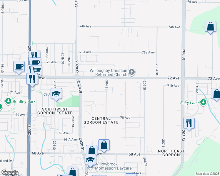 map of restaurants, bars, coffee shops, grocery stores, and more near 7145 204A Street in Langley Township