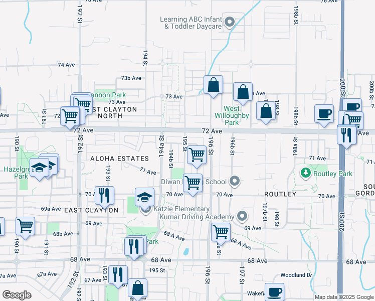map of restaurants, bars, coffee shops, grocery stores, and more near 7132 195 Street in Surrey