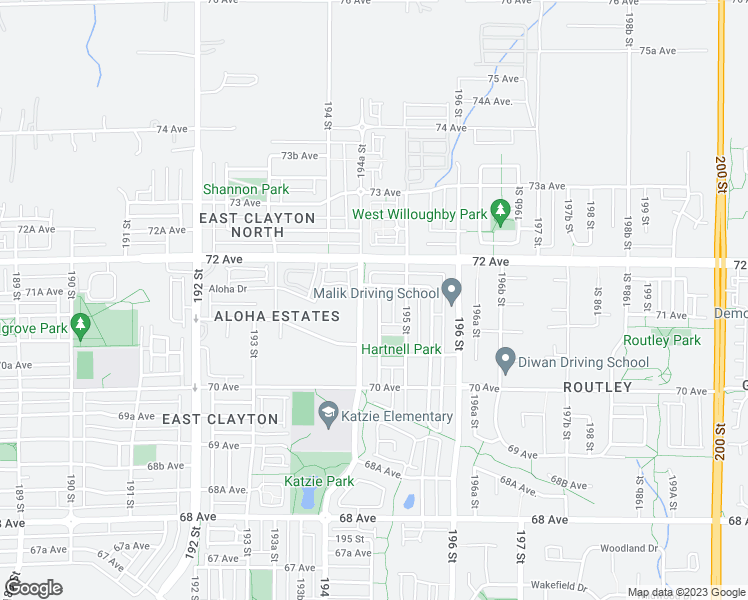 map of restaurants, bars, coffee shops, grocery stores, and more near 7137 194B Street in Surrey