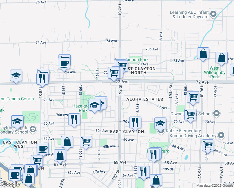map of restaurants, bars, coffee shops, grocery stores, and more near in Surrey