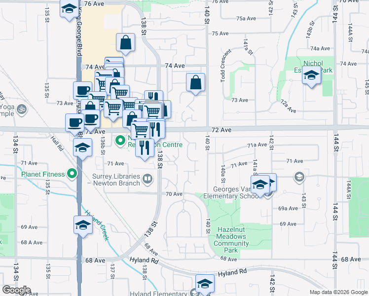 map of restaurants, bars, coffee shops, grocery stores, and more near 13976 72 Avenue in Surrey