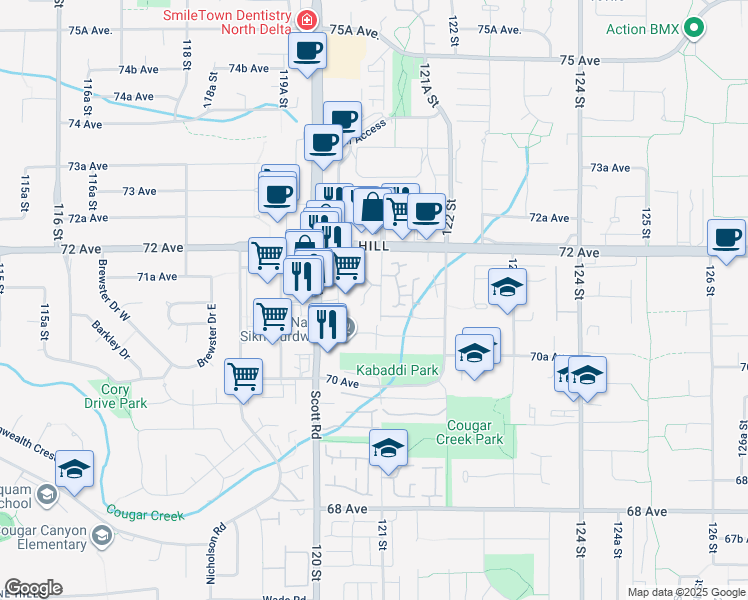 map of restaurants, bars, coffee shops, grocery stores, and more near 7151 121 Street in Surrey