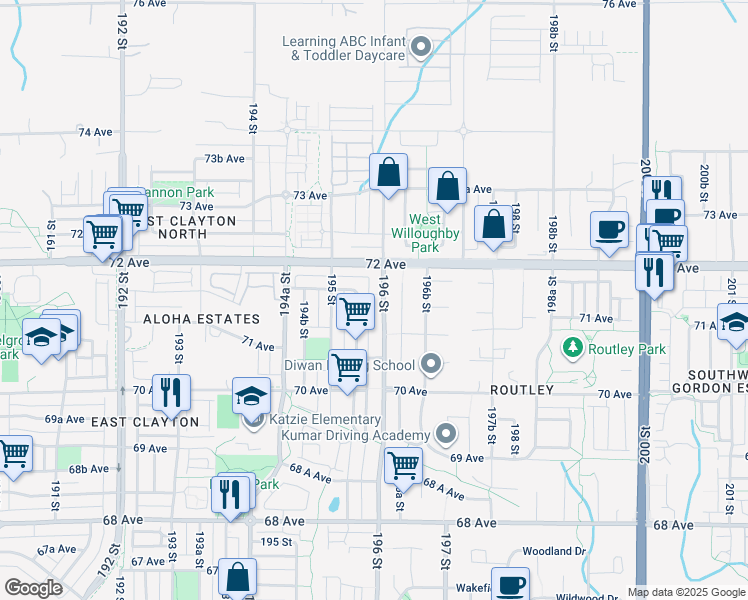 map of restaurants, bars, coffee shops, grocery stores, and more near 7137 196 Street in Surrey