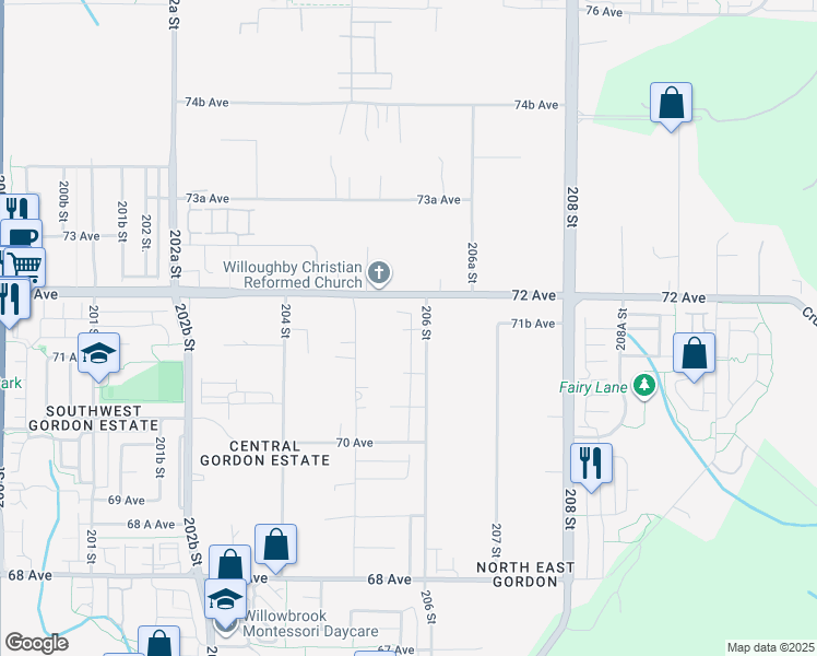 map of restaurants, bars, coffee shops, grocery stores, and more near 7115 206 Street in Langley City