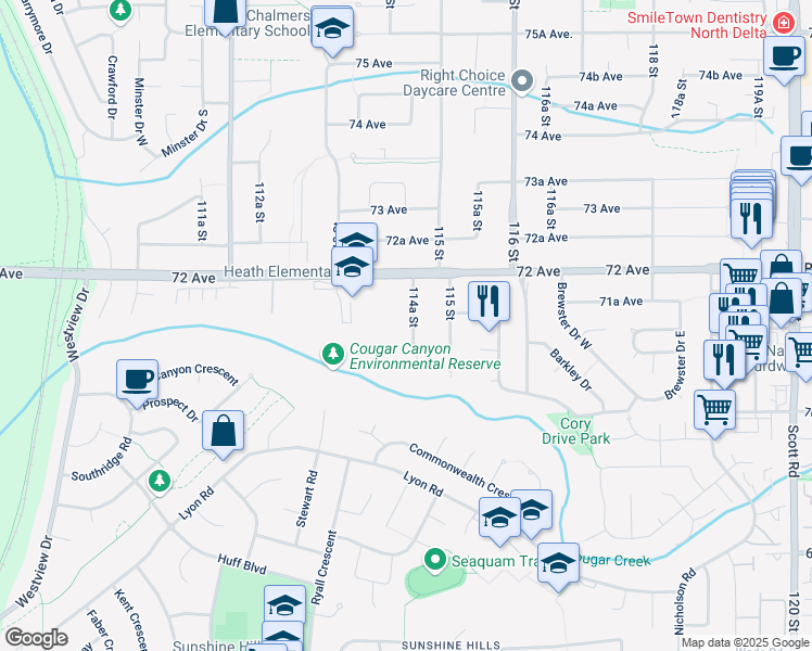 map of restaurants, bars, coffee shops, grocery stores, and more near 7133 114A Street in Delta