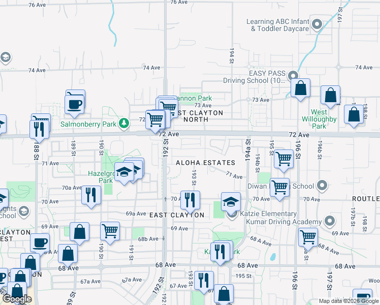map of restaurants, bars, coffee shops, grocery stores, and more near 19292 Aloha Drive in Surrey