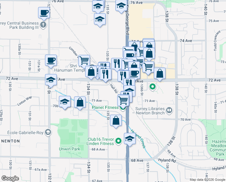 map of restaurants, bars, coffee shops, grocery stores, and more near 7165 Hall Road in Surrey
