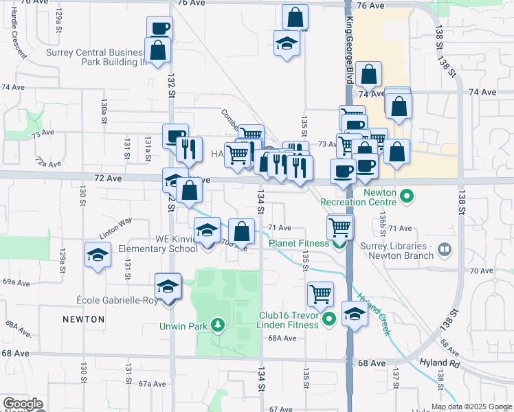 map of restaurants, bars, coffee shops, grocery stores, and more near in Surrey