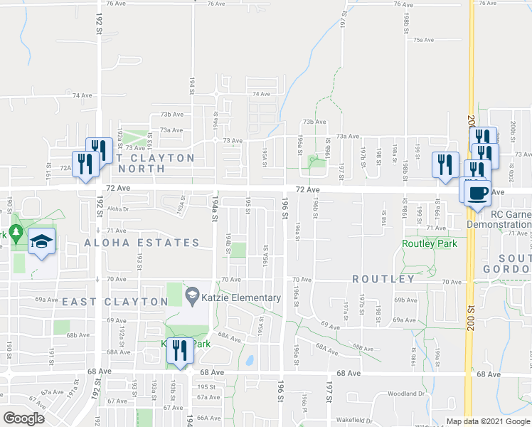 map of restaurants, bars, coffee shops, grocery stores, and more near 7256 195A Street in Surrey