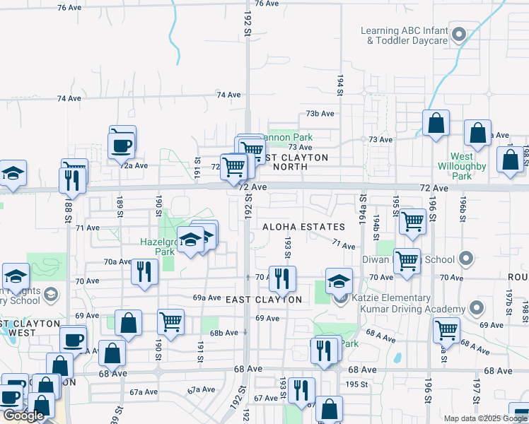map of restaurants, bars, coffee shops, grocery stores, and more near 19228 Aloha Drive in Surrey