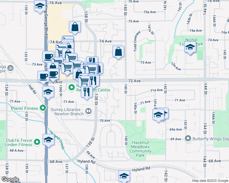 map of restaurants, bars, coffee shops, grocery stores, and more near 13970 72 Avenue in Surrey