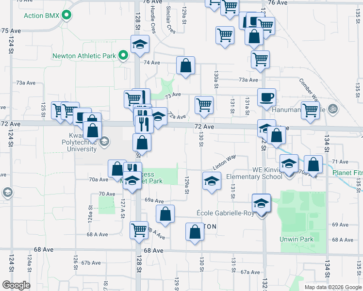 map of restaurants, bars, coffee shops, grocery stores, and more near 7106 129A Street in Surrey
