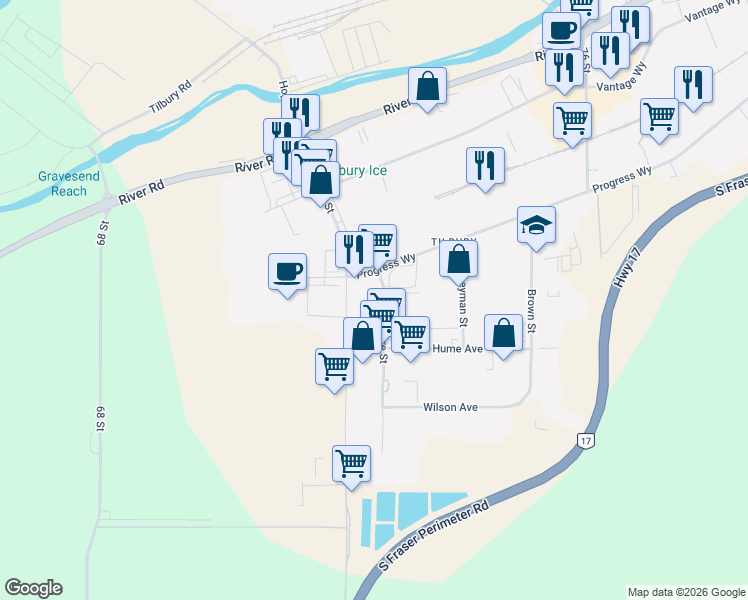 map of restaurants, bars, coffee shops, grocery stores, and more near 7228 Progress Way in Delta