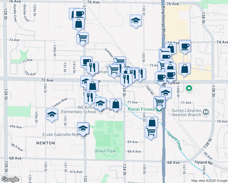 map of restaurants, bars, coffee shops, grocery stores, and more near in Surrey