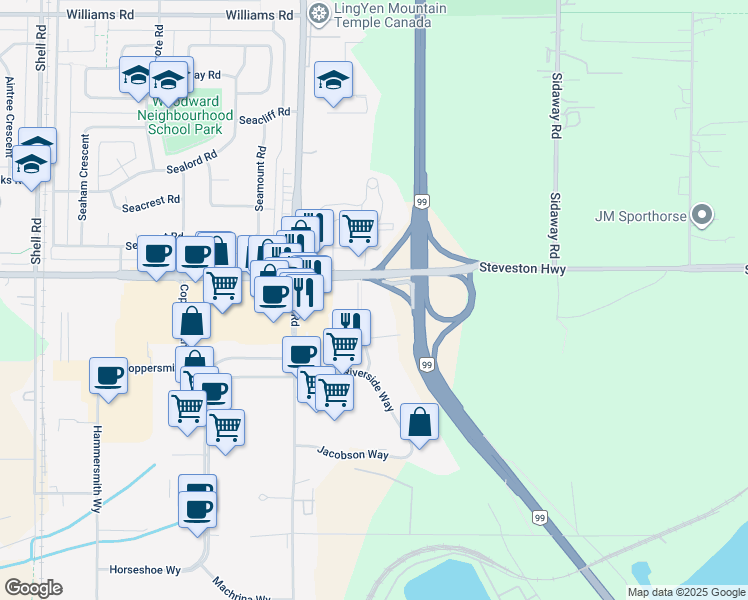 map of restaurants, bars, coffee shops, grocery stores, and more near 12100 Featherstone Way in Richmond