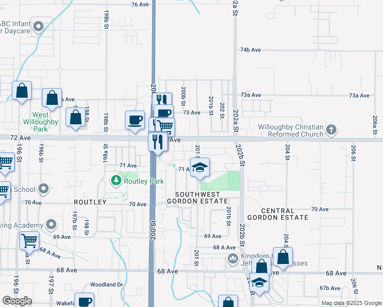map of restaurants, bars, coffee shops, grocery stores, and more near 7179 201 Street in Langley Township