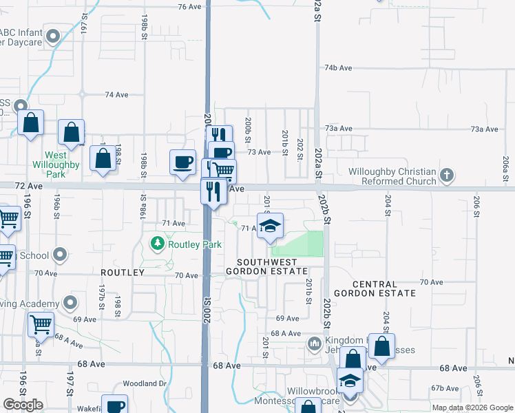 map of restaurants, bars, coffee shops, grocery stores, and more near 7179 201 Street in Langley Township