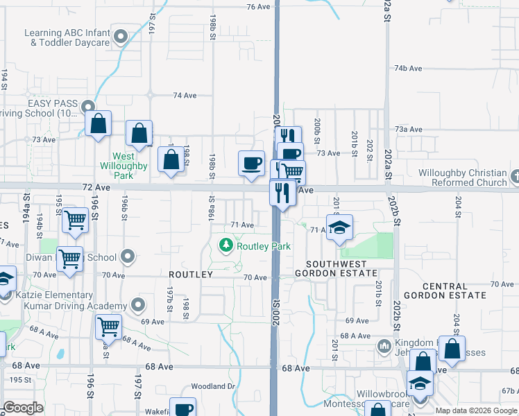 map of restaurants, bars, coffee shops, grocery stores, and more near 19977 71 Avenue in Langley