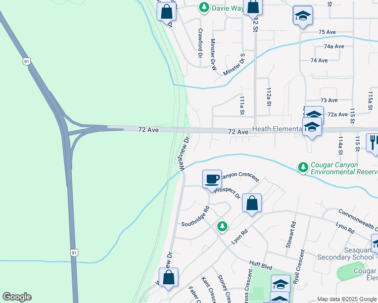 map of restaurants, bars, coffee shops, grocery stores, and more near 7121 Blake Drive in Delta