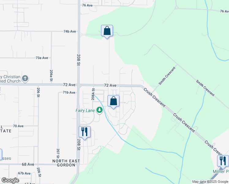 map of restaurants, bars, coffee shops, grocery stores, and more near 7157 210 Street in Langley