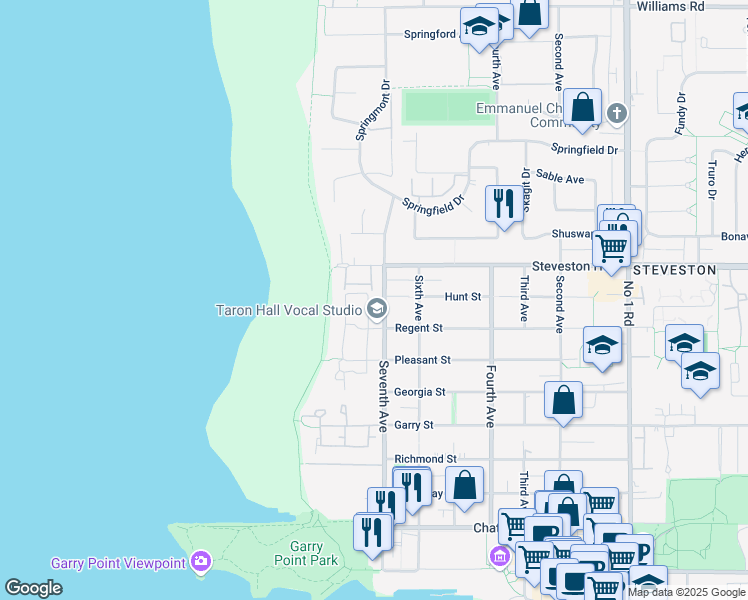 map of restaurants, bars, coffee shops, grocery stores, and more near 11211 Seventh Avenue in Richmond
