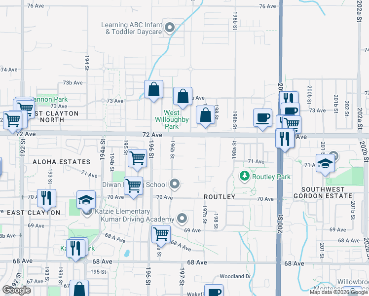map of restaurants, bars, coffee shops, grocery stores, and more near 19686 71B Avenue in Langley