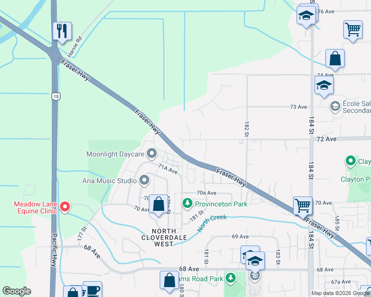 map of restaurants, bars, coffee shops, grocery stores, and more near 18003 Fraser Highway in Surrey