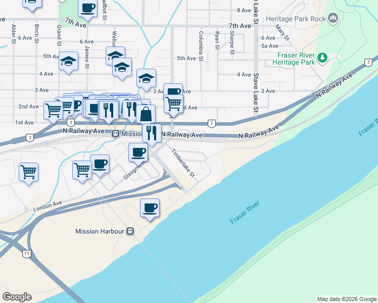 map of restaurants, bars, coffee shops, grocery stores, and more near Thompson Avenue in Mission