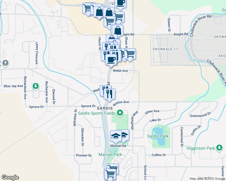 map of restaurants, bars, coffee shops, grocery stores, and more near 7134 Vedder Road in Chilliwack