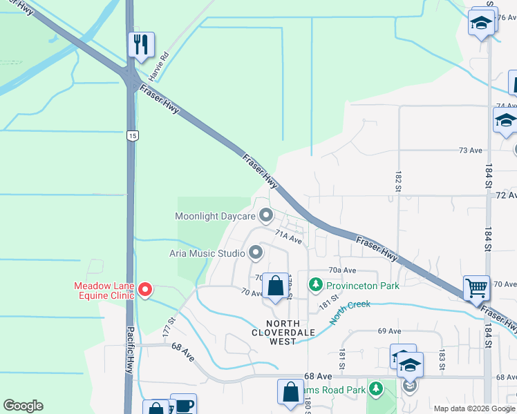 map of restaurants, bars, coffee shops, grocery stores, and more near 7192 177A Street in Surrey