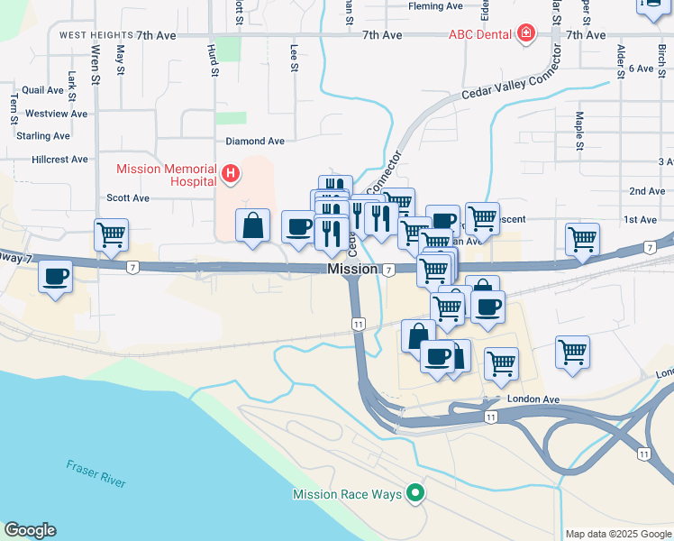 map of restaurants, bars, coffee shops, grocery stores, and more near 32416 Lougheed Highway in Mission