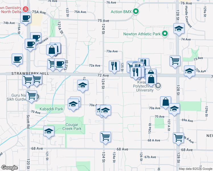 map of restaurants, bars, coffee shops, grocery stores, and more near 12441 71A Avenue in Surrey