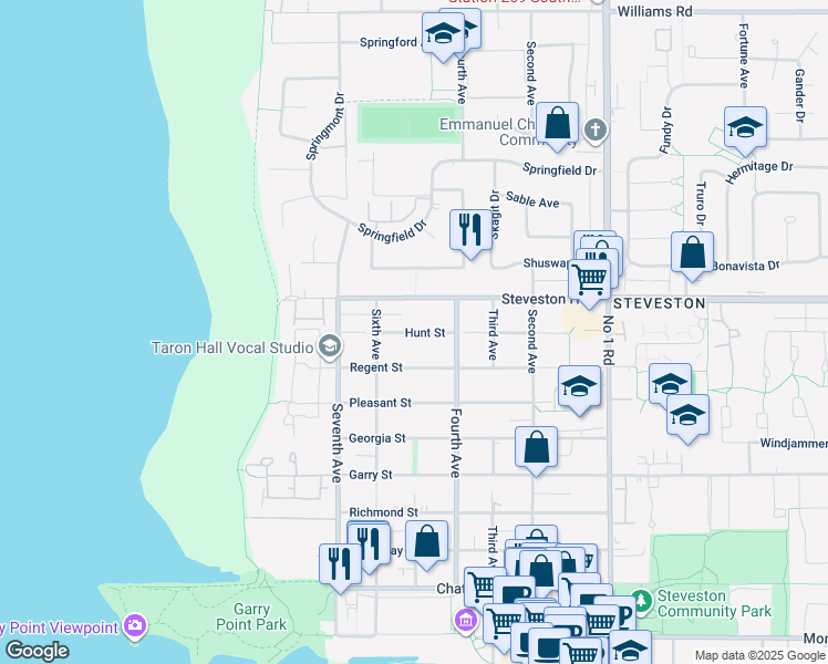 map of restaurants, bars, coffee shops, grocery stores, and more near 3259 Hunt Street in Richmond