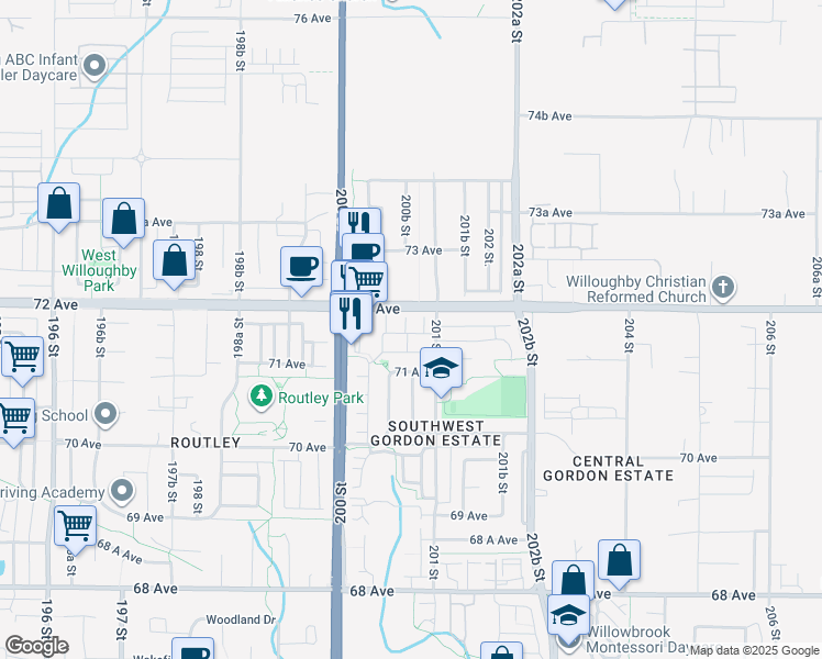 map of restaurants, bars, coffee shops, grocery stores, and more near 7179 201 Street in Langley