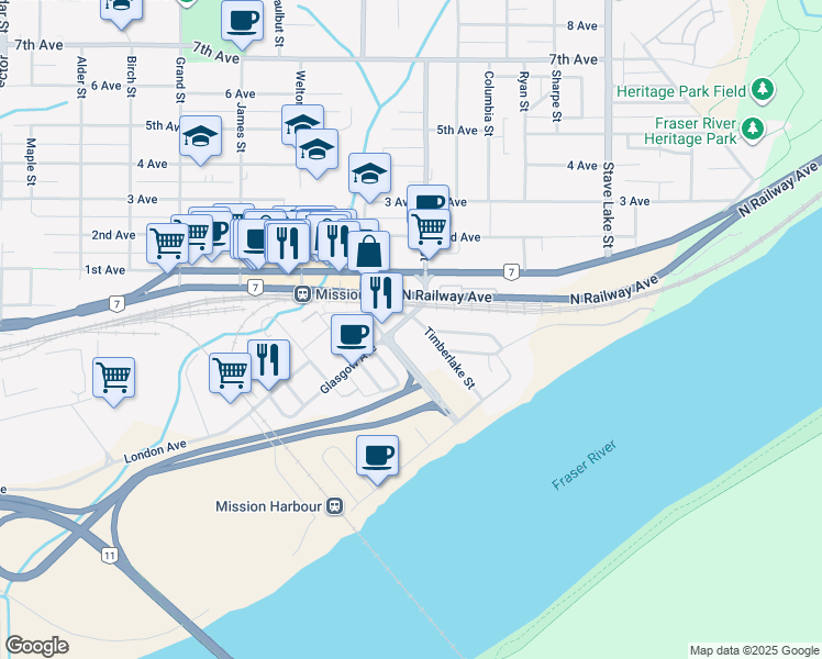 map of restaurants, bars, coffee shops, grocery stores, and more near 7197 Horne Street in Mission